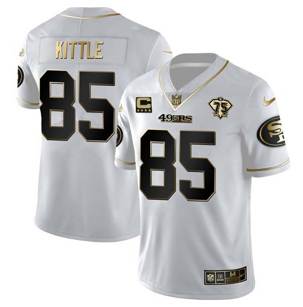 Men's San Francisco 49ers George Kittle White Gold 75th Anniversary With C Patch Stitched Jersey